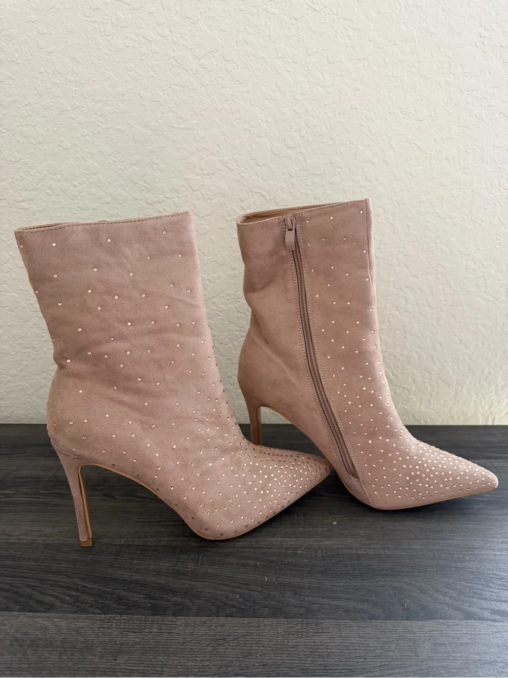 Taupe Rhinestone Pointed Toe Ankle Boots Size 10